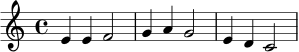 \relative c' {
\key a \minor
\time 4/4
e4 e f2 | g4 a g2 | e4 d c2 |
}