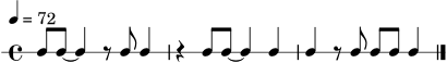 \version "2.18.2"
\paper { tagline = ##f }
\score {
\new RhythmicStaff {
\time 4/4
\tempo 4 = 72
c8 c8~ c4 r8 c8 c4 | r4 c8 c8~ c4 c4 | c4 r8 c8 c8 c8 c4 \bar "|."
}
\layout { }
\midi { \tempo 4 = 72 }
}