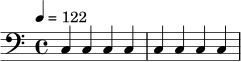 
\relative c {
  \clef bass
  \time 4/4
  \tempo 4 = 122
  c4 c c c |
  c4 c c c |
}

