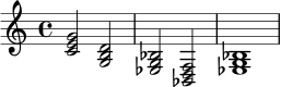 
\version "2.24.0"
\relative c' {
  \time 4/4
  <c e g>2 <g b d>
  <ees g bes>2 <bes d f>
  <ees g bes>1
}
