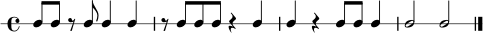 \new RhythmicStaff { \time 4/4 c8 c r c c4 c | r8 c c c r4 c | c4 r c8 c c4 | c2 c | \bar "|." }