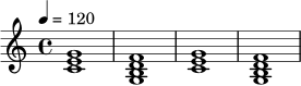 \relative c' {
\key c \major
\time 4/4
\tempo 4 = 120
<c e g>1 |
<g b d f>1 |
<c e g>1 |
<g b d f>1 |
}