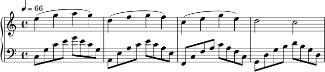 \new PianoStaff <<
\new Staff \relative c'' {
\key c \major
\time 4/4
\tempo 4 = 66
e4( g a g) | d4( f g f) | c4( e g e) | d2 c2 |
}
\new Staff \relative c {
\clef bass
\key c \major
\time 4/4
c8 g' c e g e c g | a, e' a c e c a e |
f, c' f a c a f c | g d' g b d b g d |
}
>>