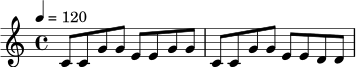\relative c' {
\key c \major
\time 4/4
\tempo 4 = 120
c8 c g' g e e g g |
c,8 c g' g e e d d |
}