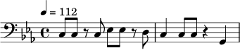 \relative c {
\clef bass
\key c \minor
\time 4/4
\tempo 4 = 112
c8 c r c ees ees r d |
c4 c8 c r4 g |
}