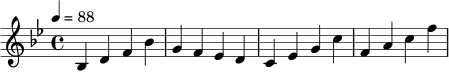 
\relative c' {
  \key bes \major
  \time 4/4
  \tempo 4 = 88
  bes4 d f bes |
  g4 f ees d |
  c4 ees g c |
  f,4 a c f |
}
