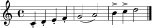 \relative c' {
\clef treble
\key c \major
\time 4/4
c4-. d-. e-. f-. |
g2( a) |
b4-> c-> d2 \bar "|."
}