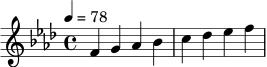 
\relative c' {
  \key f \minor
  \time 4/4
  \tempo 4 = 78
  f4 g aes bes | c des ees f |
}
