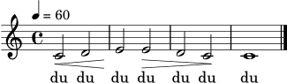 \version "2.24.1"
\score {
<<
\new Staff {
\clef treble
\time 4/4
\tempo 4 = 60
\relative c' {
c2\< d2 | e2\! e2\> | d2 c2\! | c1 \bar "|."
}
}
\addlyrics { du du du du du du du }
>>
\layout { }
\midi { }
}