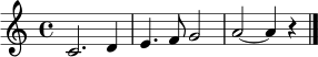 \relative c' { \clef treble \time 4/4 c2. d4 | e4. f8 g2 | a2~ a4 r | \bar "|." }