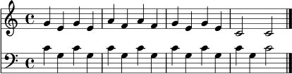 \score {
<<
\new Staff \relative c'' { \time 4/4 g4 e g e | a f a f | g e g e | c2 c \bar "|." }
\new Staff \relative c' { \clef bass c4 g c g | c g c g | c g c g | c g c2 \bar "|." }
>>
\layout { }
\midi { \tempo 4 = 88 }
}