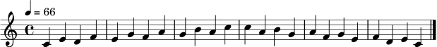 \relative c' {
\clef treble
\key c \major
\time 4/4
\tempo 4 = 66
c4 e d f |
e g f a |
g b a c |
c a b g |
a f g e |
f d e c \bar "|."
}