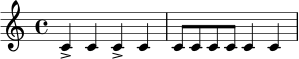 
\relative c' {
  \time 4/4
  c4-> c c-> c |
  c8 c c c c4 c
}
