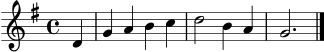 \version "2.24.0"
\score {
\new Staff \relative c' {
\clef treble
\key g \major
\time 4/4
\partial 4 d4 | g4 a4 b4 c4 | d2 b4 a4 | g2. \bar "|."
}
\layout { }
\midi { \tempo 4 = 90 }
}