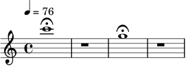 \relative c''' {
\tempo 4 = 76
\time 4/4
\set Staff.midiInstrument = #"tubular bells"
c1\fermata | r1 | g1\fermata | r1
}