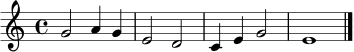 
\relative c'' {
  \key c \major
  \time 4/4
  g2 a4 g |
  e2 d2 |
  c4 e g2 |
  e1 \bar "|."
}
