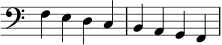 
{
  \omit Score.TimeSignature
  \clef bass
  f4 e d c b, a, g, f,
}
