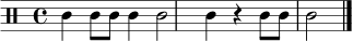 
\relative c' {
  \clef percussion
  \time 4/4
  c4 c8 c c4 c2 | c4 r4 c8 c c2 \bar "|."
}
