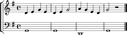 \version "2.24.0"
\score {
\new ChoirStaff <<
\new Staff \relative c' {
\clef treble
\key g \major
\time 4/4
d4 e g e | d e g2 | a4 g e d | g2 r2 \bar "|."
}
\new Staff \relative c {
\clef bass
\key g \major
\time 4/4
g1 | g1 | d1 | g1 \bar "|."
}
>>
\layout { }
\midi { \tempo 4 = 76 }
}