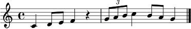 \relative c' {
\clef treble
\key c \major
\time 4/4
c4 d8 e f4 r4 | \tuplet 3/2 { g8 a b } c4 b8 a g4 \bar "|."
}