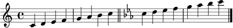 \relative c' { \clef treble \time 4/4 \key c \major c4 d e f g a b c \bar "||" \key c \minor c4 d ees f g aes bes c \bar "|." }