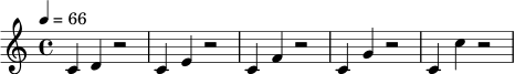 { \clef treble \time 4/4 \tempo 4 = 66 c'4 d' r2 | c'4 e' r2 | c'4 f' r2 | c'4 g' r2 | c'4 c'' r2 | }
