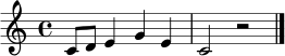 \relative c' { \clef treble \key c \major \time 4/4 c8 d e4 g4 e | c2 r2 \bar "|." }
