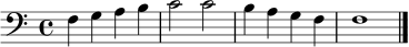 
\relative c {
  \clef bass
  \time 4/4
  f4 g a b | c2 c | b4 a g f | f1 | \bar "|."
}
