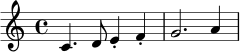 \relative c' { \time 4/4 c4. d8 e4-. f4-. | g2. a4 | }