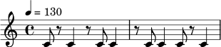 \relative c' {
\tempo 4 = 130
\time 4/4
c8 r c4 r8 c8 c4 |
r8 c8 c4 c8 r c4 |
}