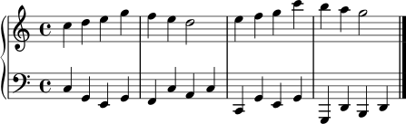 
\new PianoStaff <<
  \new Staff \relative c'' { \key c \major \time 4/4 c4 d e g | f e d2 | e4 f g c | b a g2 | \bar "|." }
  \new Staff \relative c { \clef bass \key c \major \time 4/4 c4 g e g | f c' a c | c, g' e g | g, d' b d | \bar "|." }
>>
