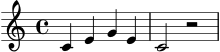 
\score {
  \new Staff {
    \clef treble
    \key c \major
    \time 4/4
    c'4 e' g' e' c'2 r2
  }
  \layout { }
  \midi { }
}
