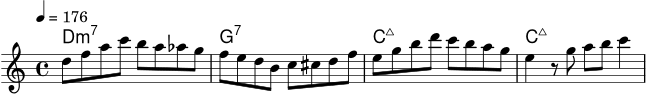\version "2.20.0"
\score {
<<
\new ChordNames {
\chordmode { d1:m7 g1:7 c1:maj7 c1:maj7 }
}
\new Staff \relative c'' {
\set Staff.midiInstrument = "alto sax"
\clef treble
\key c \major
\time 4/4
\tempo 4 = 176
d8 f a c b a aes g |
f8 e d b c cis d f |
e8 g b d c b a g |
e4 r8 g a b c4 |
}
>>
\layout { }
\midi { }
}