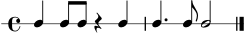 
\version "2.24.0"
\score {
  \new RhythmicStaff {
    \time 4/4
    c4 c8 c8 r4 c4 | c4. c8 c2 \bar "|."
  }
  \layout { }
  \midi { \tempo 4 = 88 }
}
