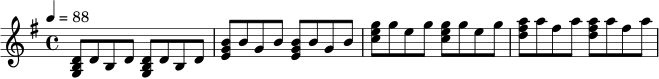 \relative c' {
\key g \major
\time 4/4
\tempo 4 = 88
<g b d>8 d' b d <g, b d> d' b d |
<e g b> b' g b <e, g b> b' g b |
<c e g> g' e g <c, e g> g' e g |
<d fis a> a' fis a <d, fis a> a' fis a |
}