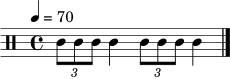 \relative c' { \clef percussion \time 4/4 \tempo 4 = 70 \tuplet 3/2 { c8 c8 c8 } c4 \tuplet 3/2 { c8 c8 c8 } c4 \bar "|." }