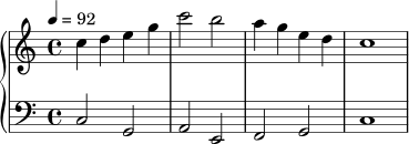 
\version "2.24.0"
\score {
  \new PianoStaff <<
    \new Staff \relative c'' {
      \key c \major
      \time 4/4
      \tempo 4 = 92
      c4 d e g | c2 b | a4 g e d | c1
    }
    \new Staff \relative c {
      \clef bass
      \key c \major
      c2 g | a e | f g | c1
    }
  >>
  \layout { }
  \midi { }
}
