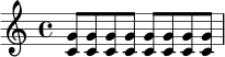 \relative c' {
\time 4/4
<c g'>8 <c g'> <c g'> <c g'> <c g'> <c g'> <c g'> <c g'>
}