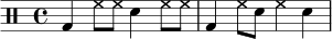 
\drums {
  \time 4/4
  bd4 hh8 hh sn4 hh8 hh |
  bd4 hh8 sn hh4 sn4 |
}
