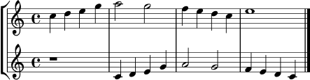 \paper { indent = 0 }
\header { tagline = ##f }
stimmeA = \relative c'' { \clef treble \key c \major \time 4/4 c4 d e g | a2 g | f4 e d c | e1 \bar "|." }
stimmeB = \relative c' { \clef treble \key c \major \time 4/4 r1 | c4 d e g | a2 g | f4 e d c \bar "|." }
\score {
\new StaffGroup <<
\new Staff \stimmeA
\new Staff \stimmeB
>>
\layout { }
\midi { \tempo 4 = 80 }
}