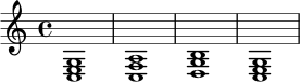 {
\key c \major
\time 4/4
<c e g>1 | <f a c>1 | <g b d>1 | <c e g>1
}