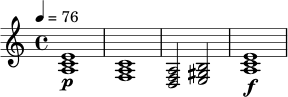
\relative c' {
  \key a \minor
  \time 4/4
  \tempo 4 = 76
  <a c e>1\p |
  <f a c>1 |
  <d f a>2 <e gis b>2 |
  <a c e>1\f |
}
