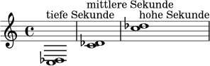 
\relative c {
  \time 4/4
  <c des>1^\markup { "tiefe Sekunde" }
  <c' des>1^\markup { "mittlere Sekunde" }
  <c' des>1^\markup { "hohe Sekunde" }
}

