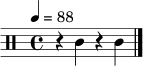 \relative c' { \clef percussion \time 4/4 \tempo 4 = 88 r4 c4 r4 c4 \bar "|." }