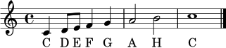 \relative c' { \clef treble \key c \major \time 4/4 c4 d8 e f4 g a2 b c1 \bar "|." }
\addlyrics { C D E F G A H C }