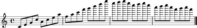 \relative c' {
\clef treble
\key c \major
\time 4/4
c8 e g c a c e a
f a c f g b d g
e8 f g e c d e c
a b c a f g a f
\bar "|."
}