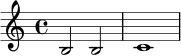 \version "2.24.0"
\paper { indent = 0\mm }
\header { tagline = ##f }
\score {
\new Staff \relative c' {
\clef treble
\key c \major
\time 4/4
b2 b | c1 |
}
\layout { }
\midi { \tempo 4 = 60 }
}