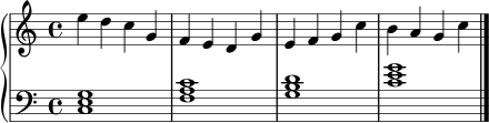 \new PianoStaff <<
\new Staff \relative c'' {
\clef treble
\key c \major
\time 4/4
e4 d c g | f e d g | e f g c | b a g c \bar "|."
}
\new Staff \relative c {
\clef bass
\key c \major
\time 4/4
<c e g>1 | <f a c> | <g b d> | <c e g> \bar "|."
}
>>