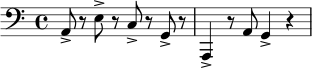 \relative c {
\clef bass
\time 4/4
a8-> r e'8-> r c8-> r g8-> r |
a,4-> r8 a' g4-> r4 |
}