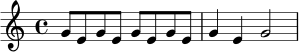 \relative c'' {
\key c \major
\time 4/4
g8 e g e g e g e | g4 e g2 |
}